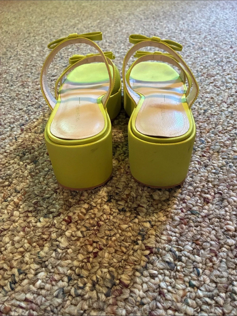 INTENTIONALLY BLANK Lime Green Satin Multi-Strap Bow Platform Sandals